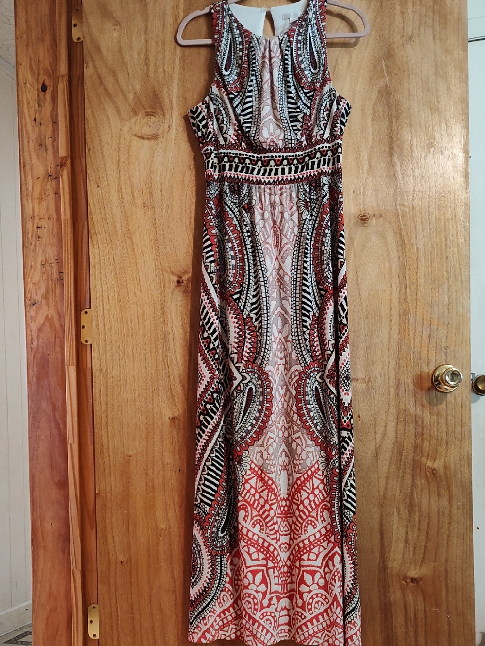 London Times Floor Length Maxi Dress Coral Tan Black Empire Waist Beachy Boho 8